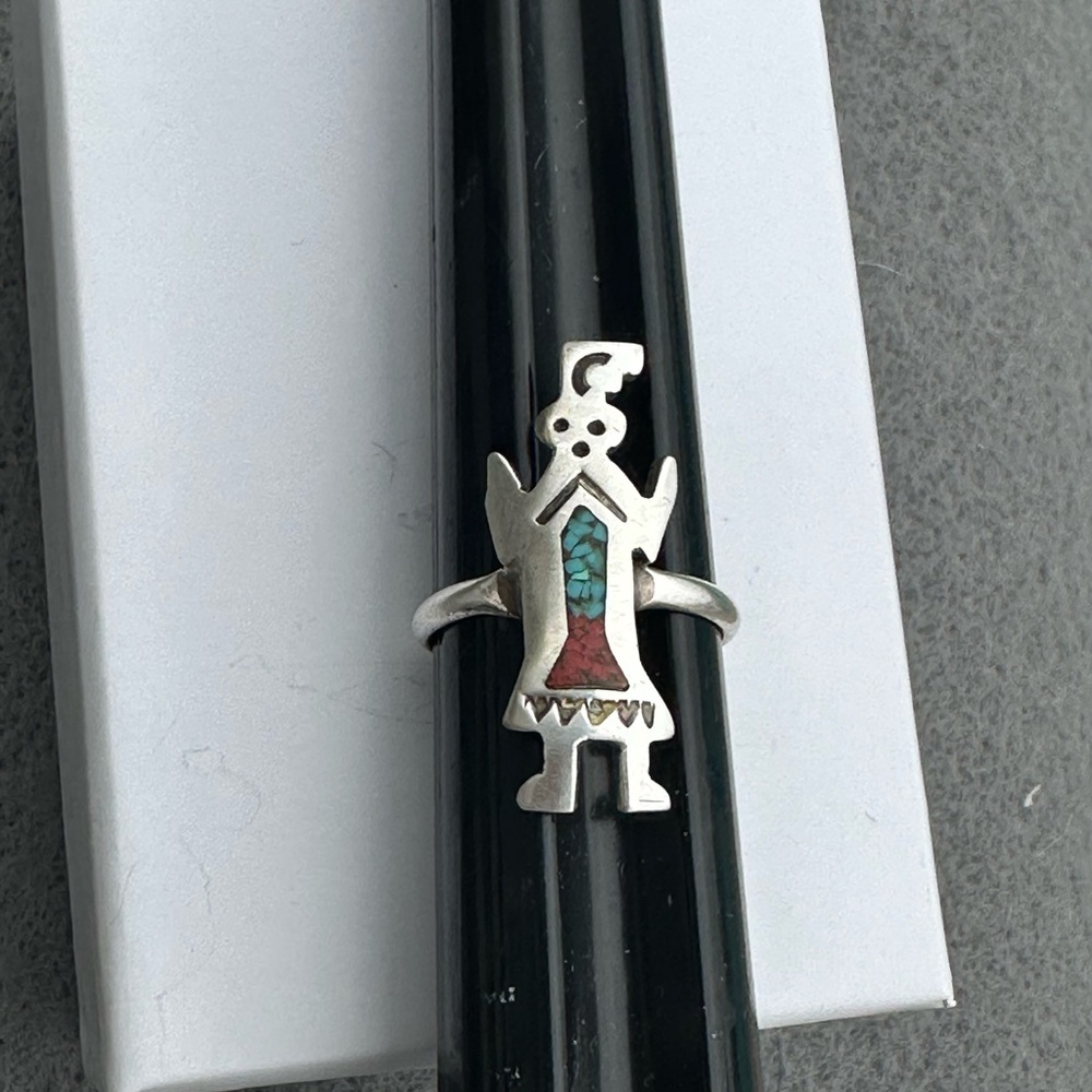 Hopi Kachina Sterling Silver Turquoise Coral Ring Size 6 vintage